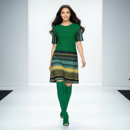 Woman wearing a green dress with patterned sleeves and hem on a white background, dancing and laughing