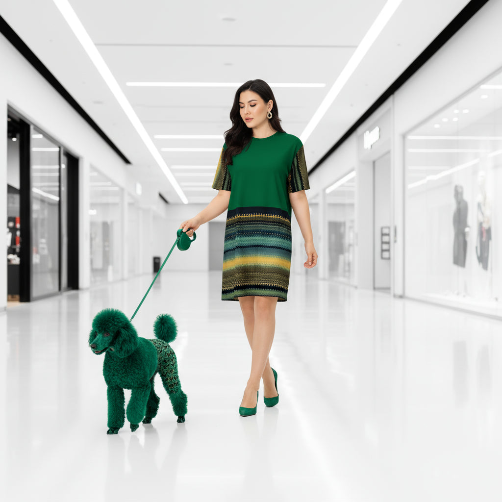 Woman in a green dress walking a green poodle in a modern hallway.