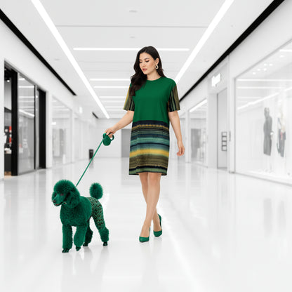 Woman in a green dress walking a green poodle in a modern hallway.