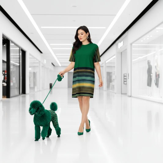 Woman in a green dress walking a green poodle in a modern hallway.