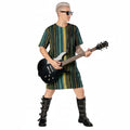Person wearing a striped dress and black boots holding a guitar on a white background