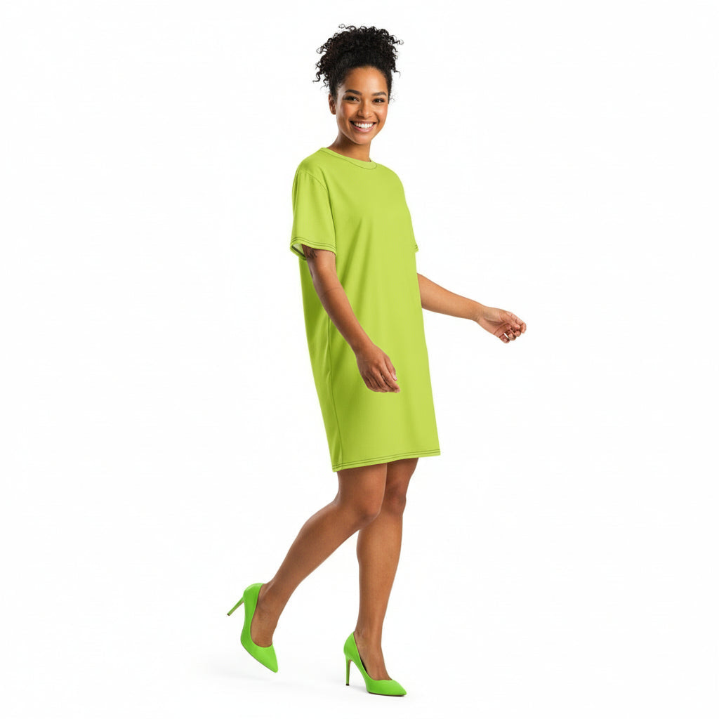 Woman wearing a bright green dress and shoes on a white background