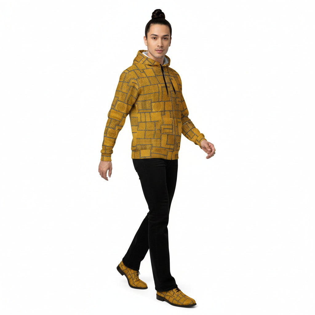 Person wearing a yellow checkered hoodie and black pants on a white background