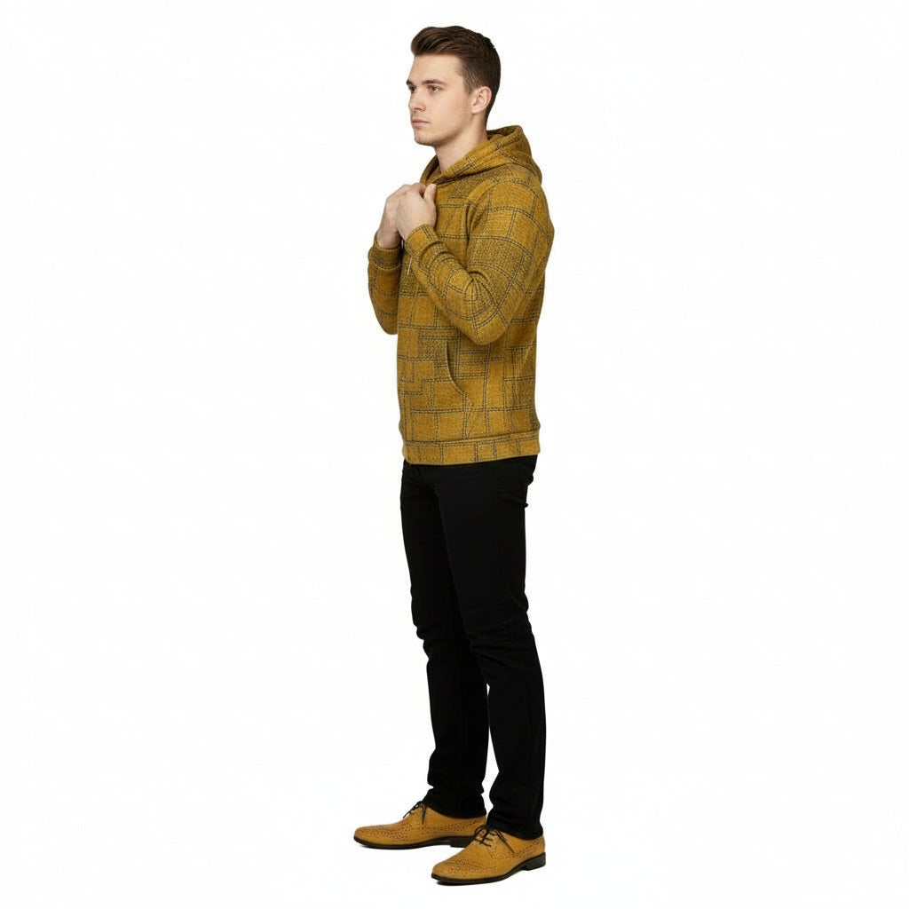 Person wearing a yellow plaid hoodie on a white background