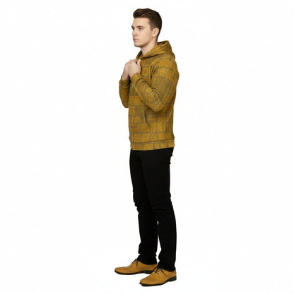Person wearing a yellow plaid hoodie on a white background
