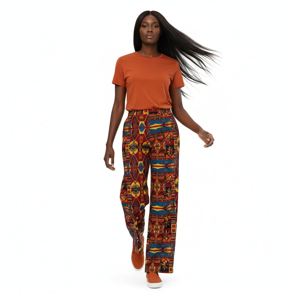 Person wearing a rusty t-shirt and patterned pants on a white background