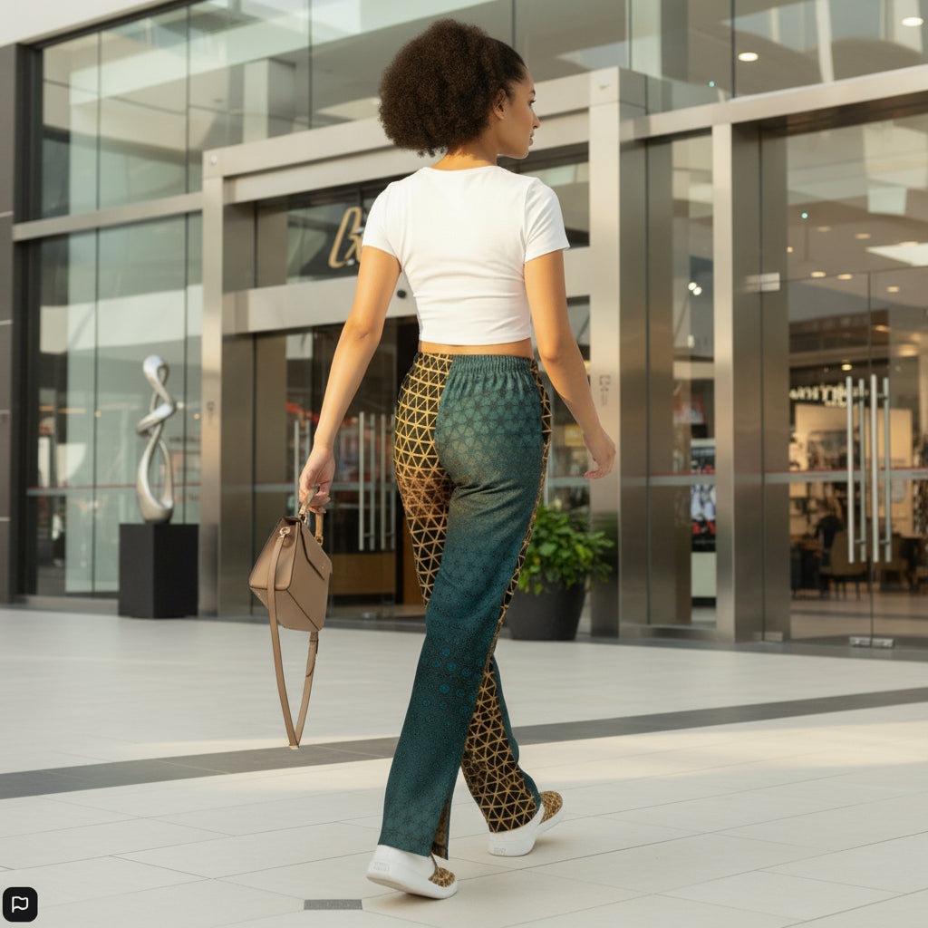 Woman wearing a white top and patterned pants walking towards a mall