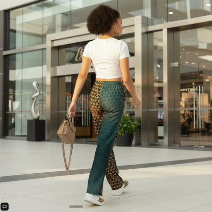 Woman wearing a white top and patterned pants walking towards a mall