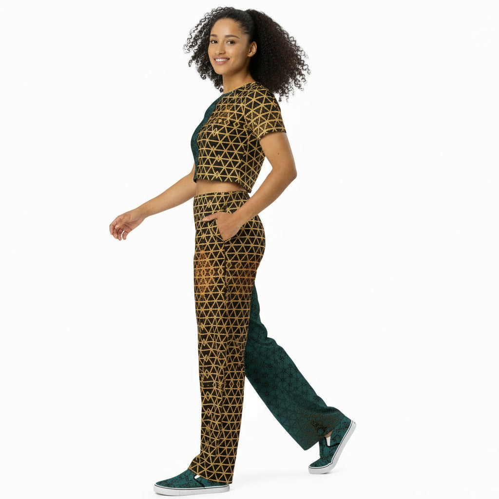 Woman wearing a geometric patterned outfit on a white background