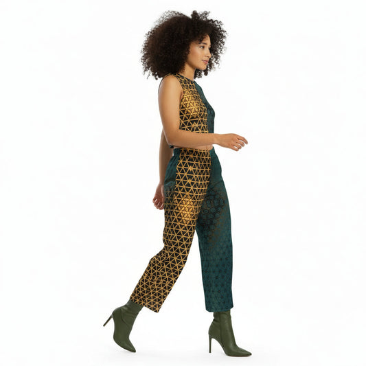 A person wearing unisex wide-leg pants with a floral pattern on the right side and a solid color pattern on the left side.