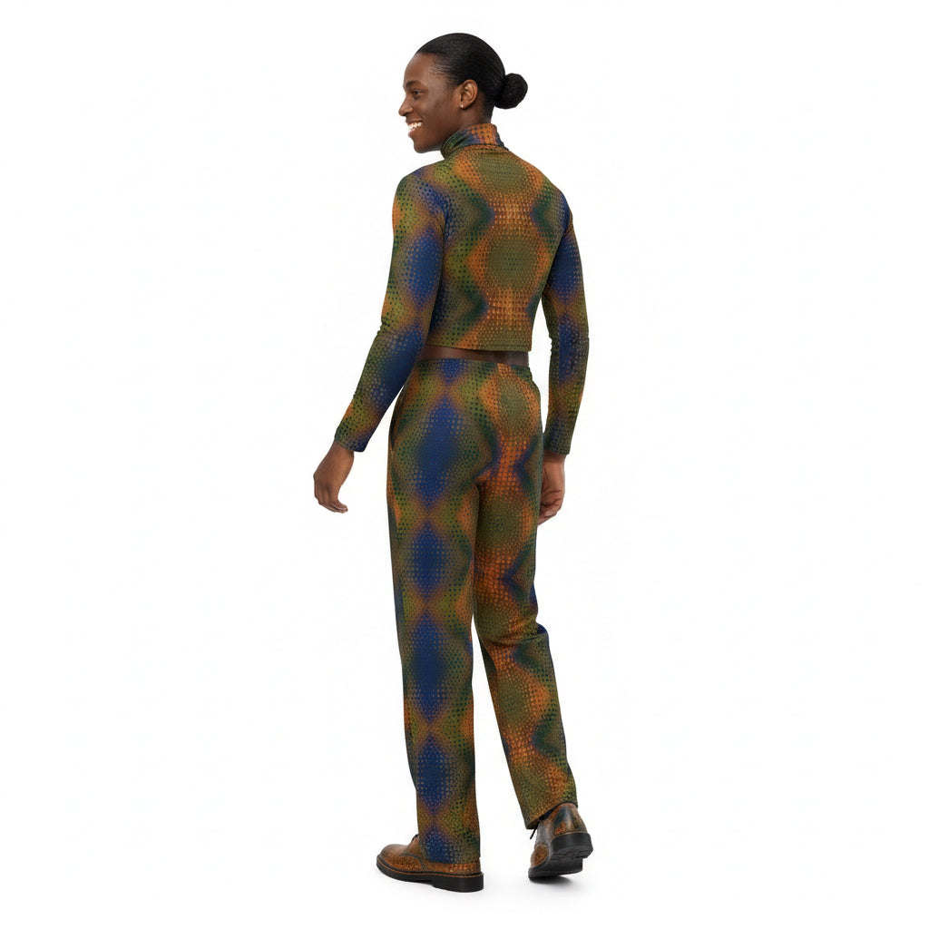 Person wearing a patterned pants and patterned turtleneck on a white background