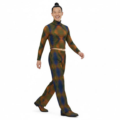 Person wearing a patterned pants and patterned turtleneck on a white background