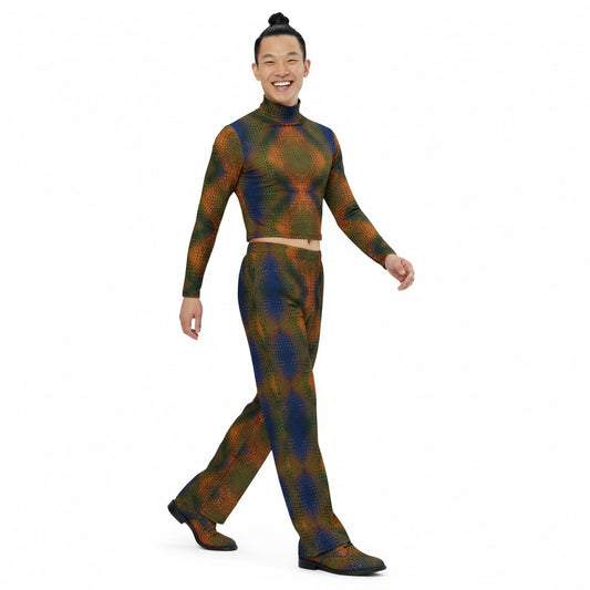 Person wearing a patterned pants and patterned turtleneck on a white background