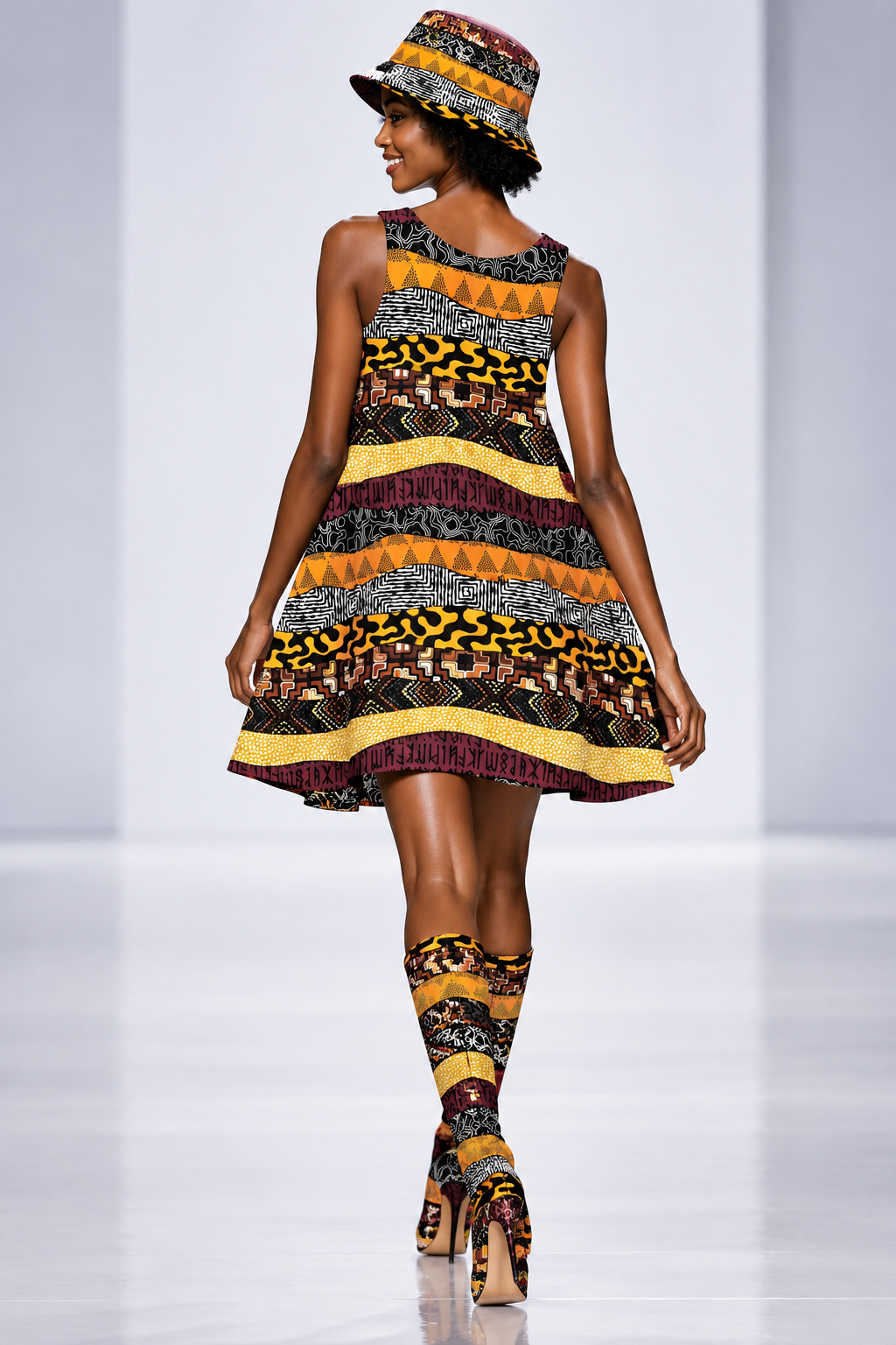 A model shown from behind wearing a sleeveless mini dress, matching bucket hat, and patterned knee-high socks and heels, walking on a runway.
