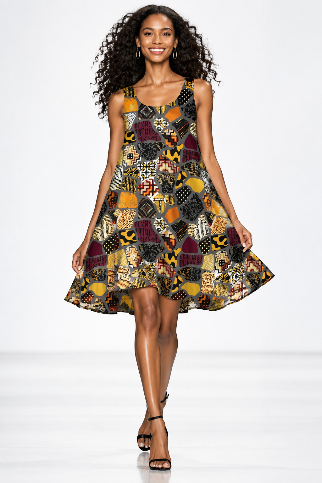 A sleeveless A-line dress with a vibrant, multicolor geometric patchwork pattern featuring black, orange, yellow, white, and burgundy shapes with text, shown on a plain white background.