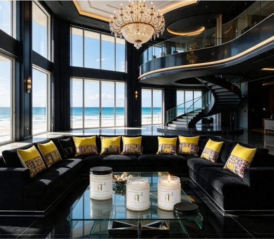 A luxury modern living room with a black sectional sofa accented by yellow pillows, set in front of large windows overlooking the ocean. A glass coffee table with candles sits in the foreground, and a spiral staircase is visible in the background.
