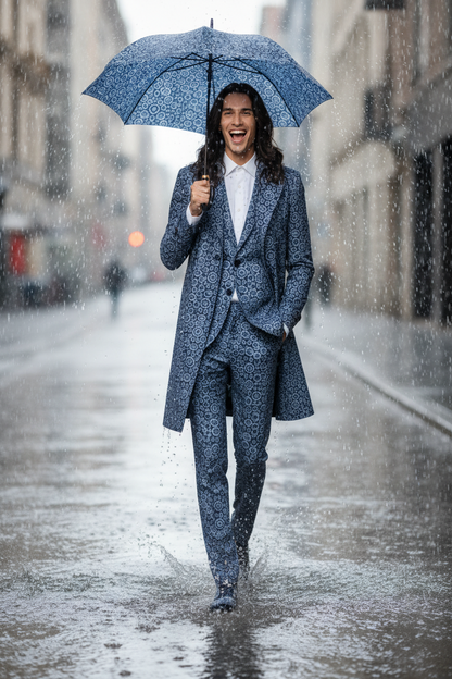 Man in a blue patterned suit holding an umbrella on a white background