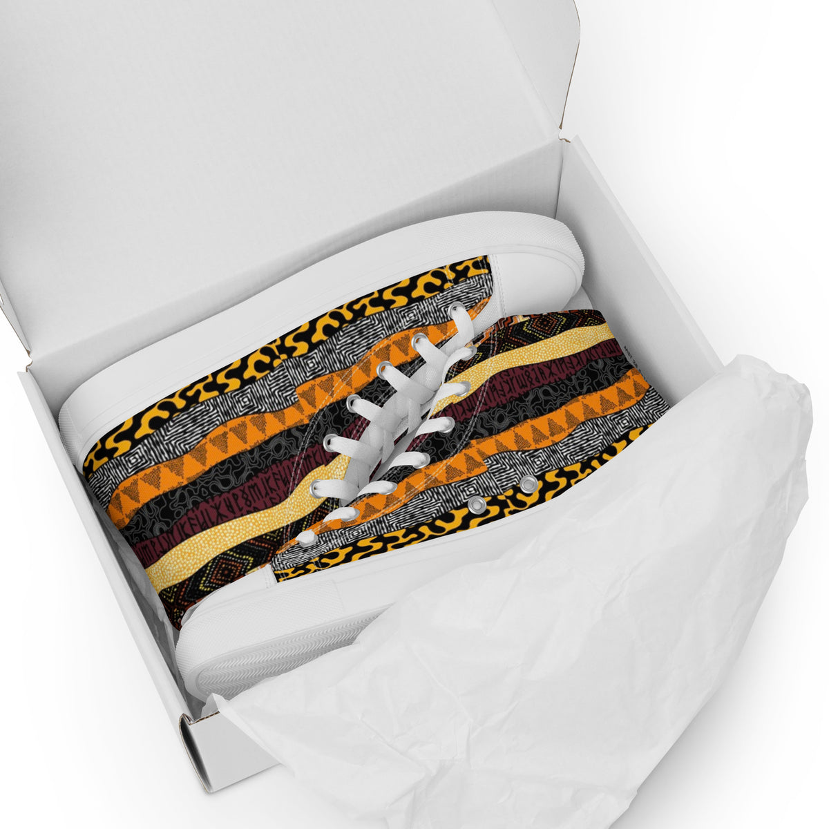 White sneaker with colorful pattern on a white background