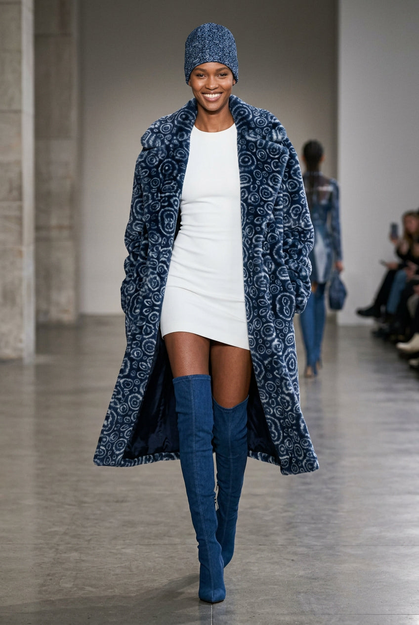 A dome-shaped beanie hat featuring an all-over indigo blue and white shibori tie-dye pattern, worn by a fashion runway model 