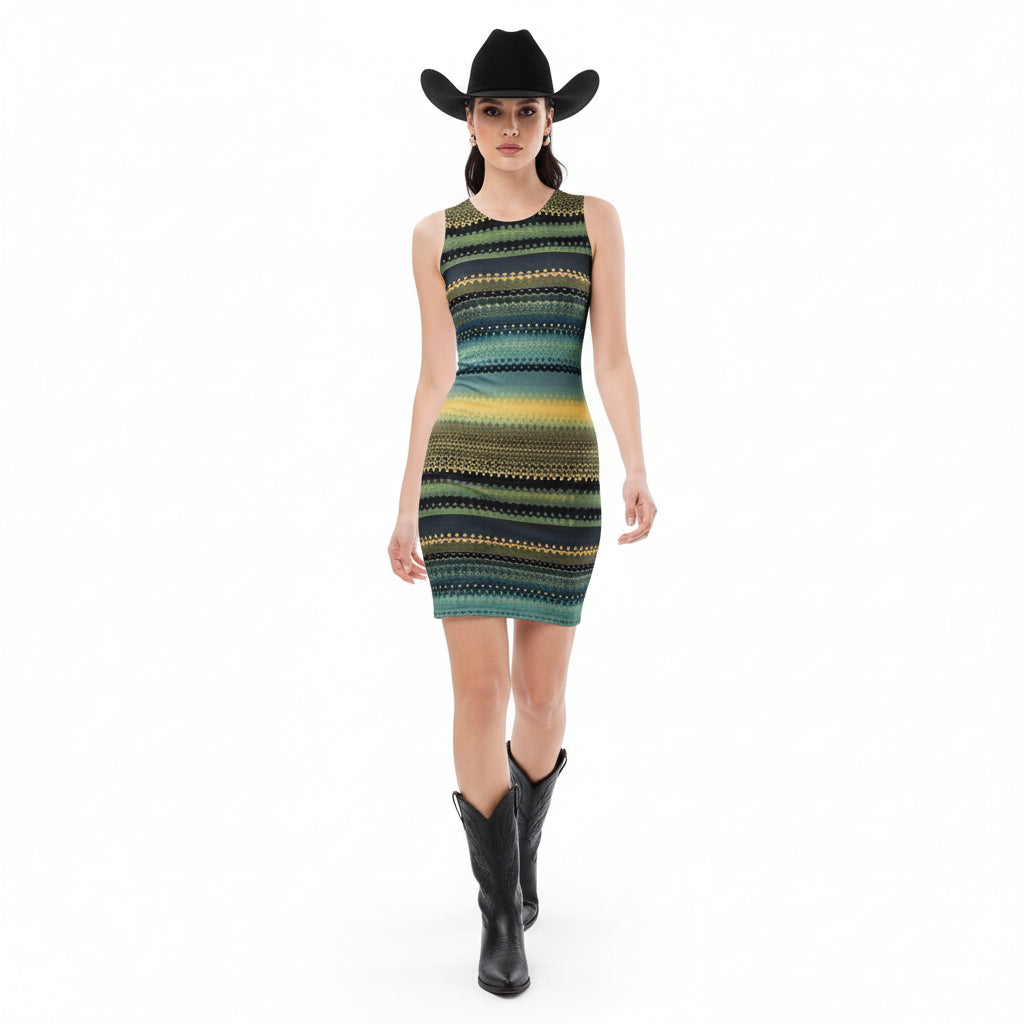 Woman wearing a patterned dress and black cowboy hat on a white background