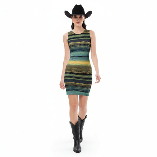 Woman wearing a patterned dress and black cowboy hat on a white background