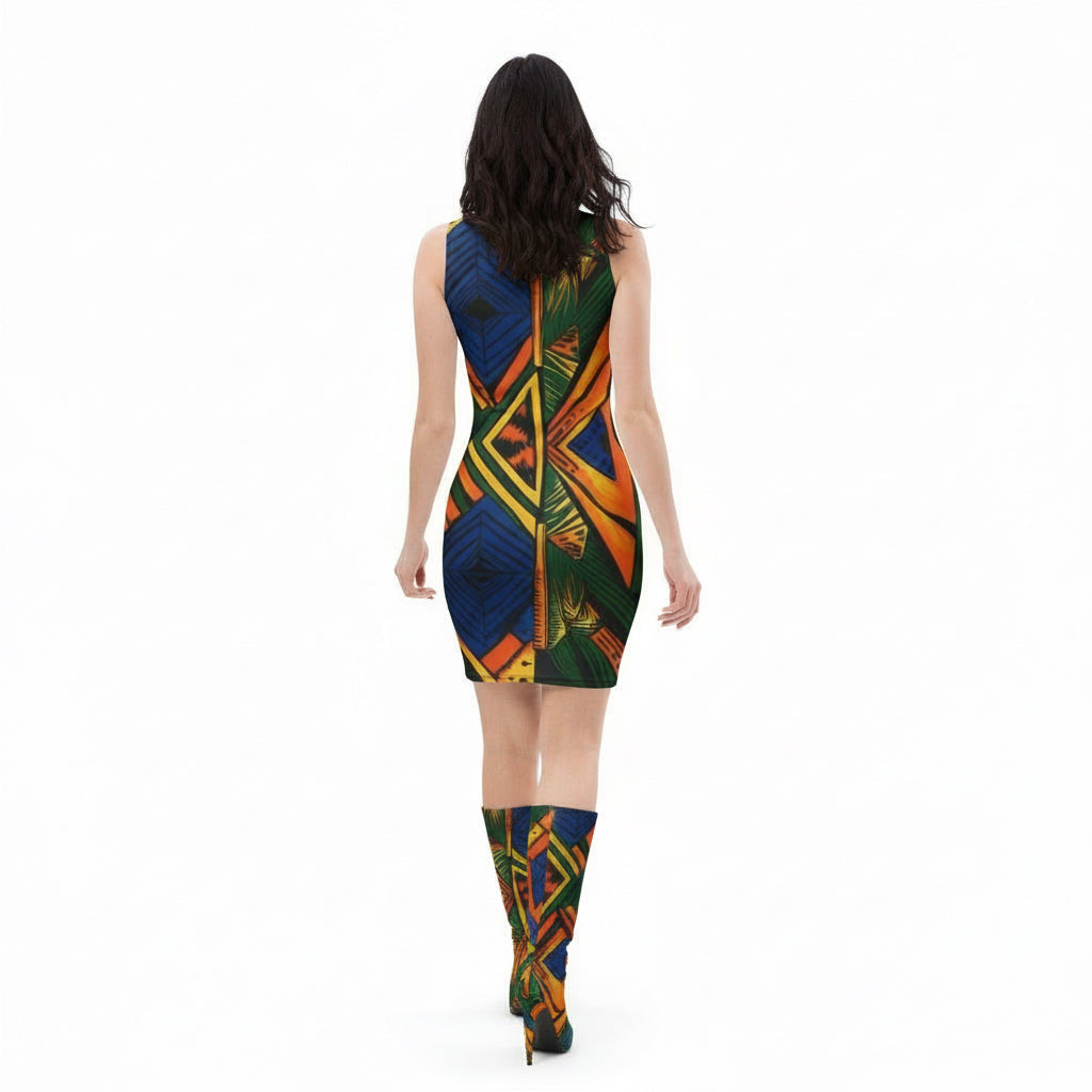 Woman wearing a colorful geometric patterned dress on a white background