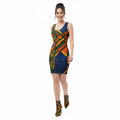 Woman wearing a colorful geometric patterned dress on a white background