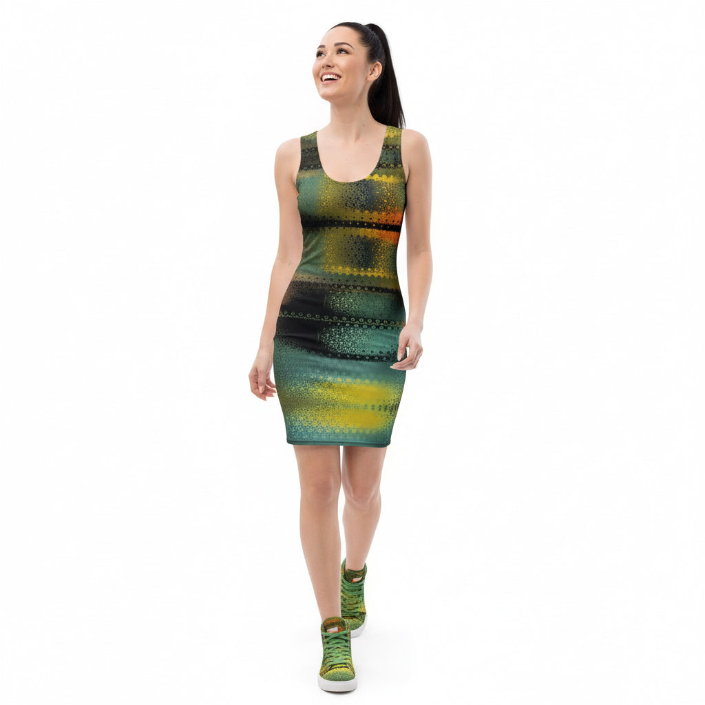 Woman wearing a green and black patterned dress on a white background