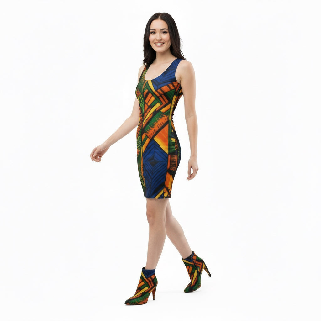Woman wearing a colorful geometric patterned dress on a white background