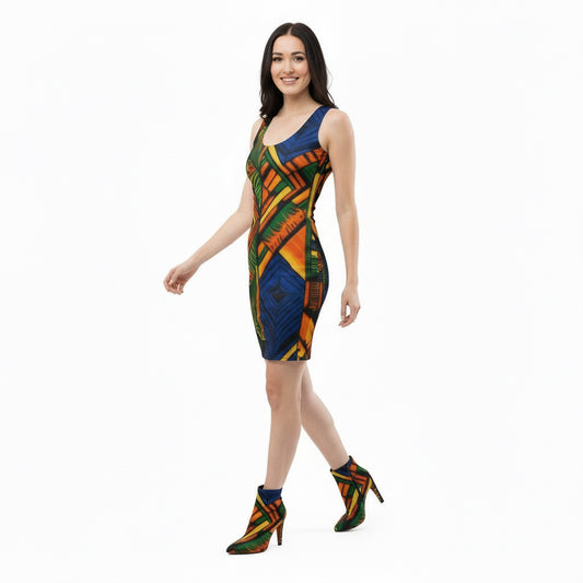 Woman wearing a colorful geometric patterned dress on a white background