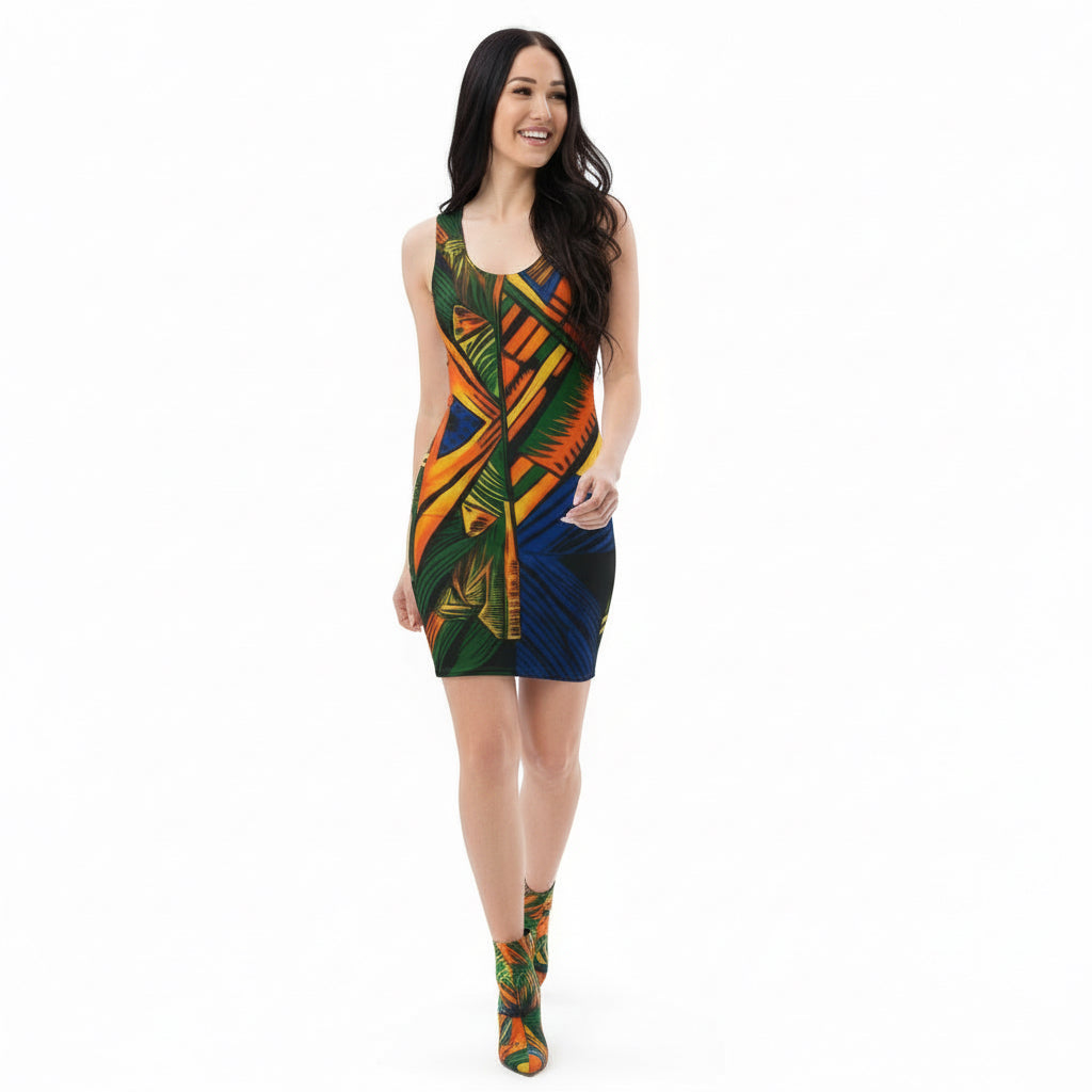 Woman wearing a colorful patterned dress on a white background