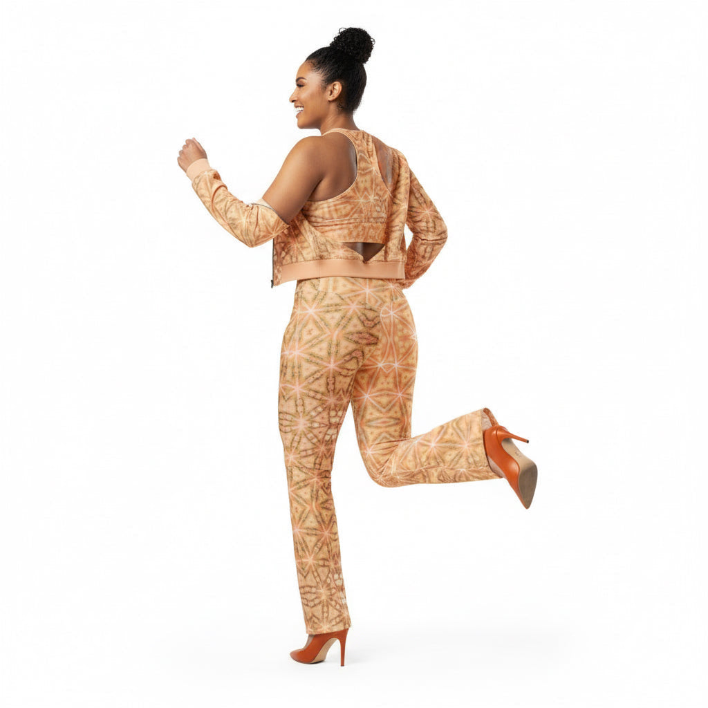 Woman in a KhuKhuZ patterned outfit running on a white background