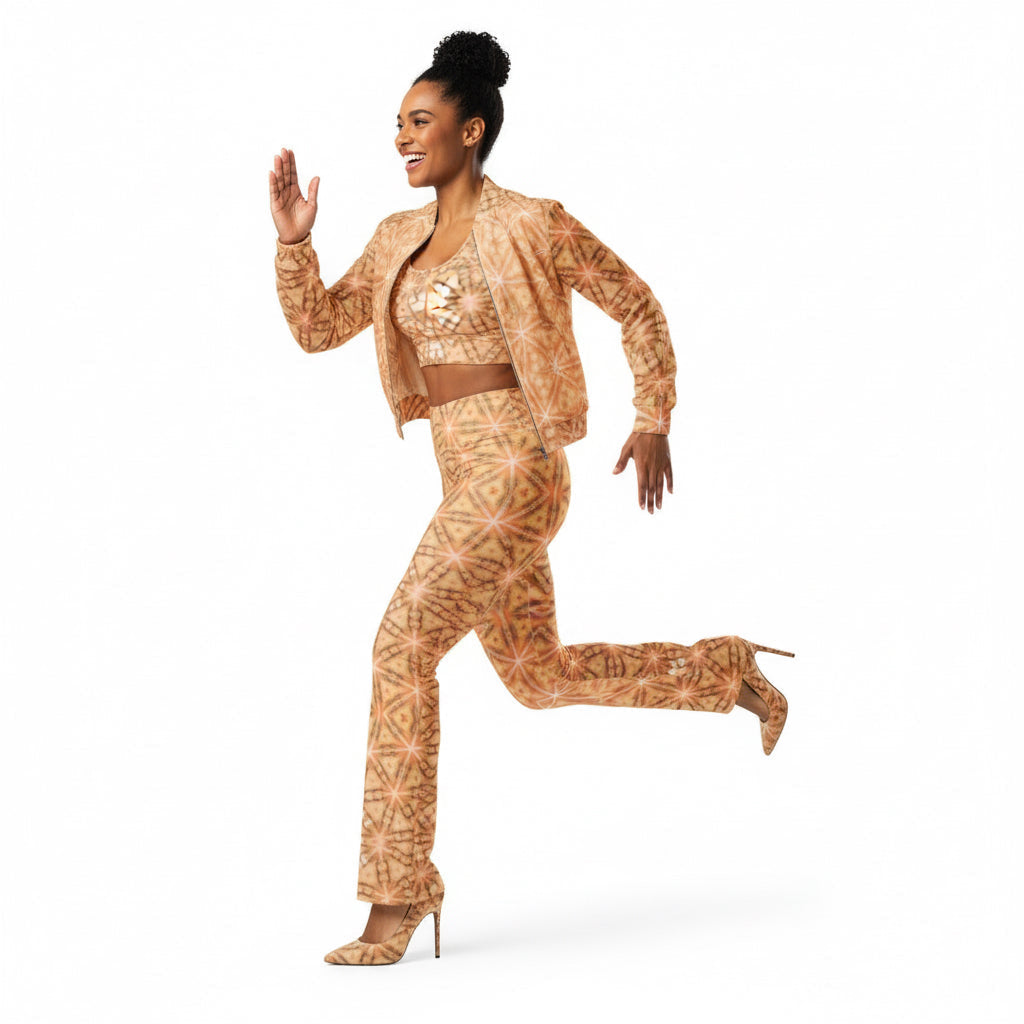 Woman in a patterned outfit running on a white background