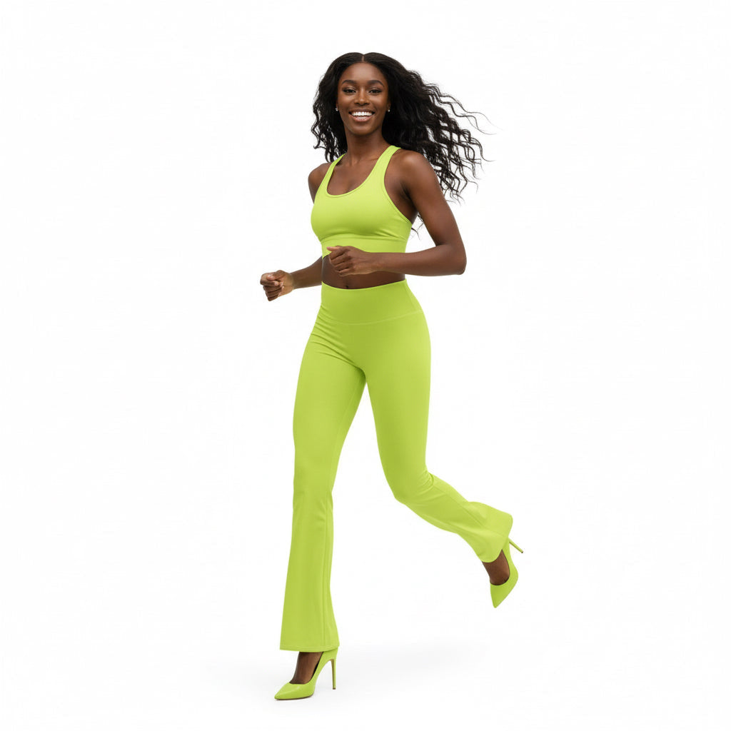 Woman in a bright green jumpsuit running on a white background