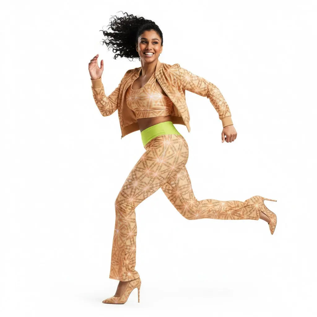 Woman in a patterned outfit with a green belt running on a white background