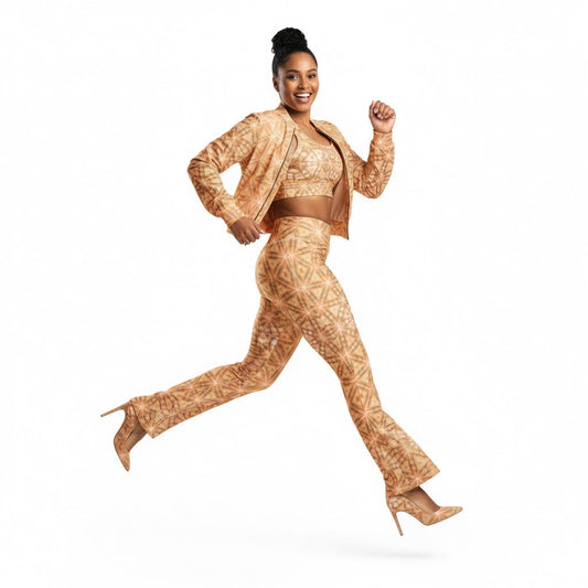 Woman in a gold patterned outfit running on a white background