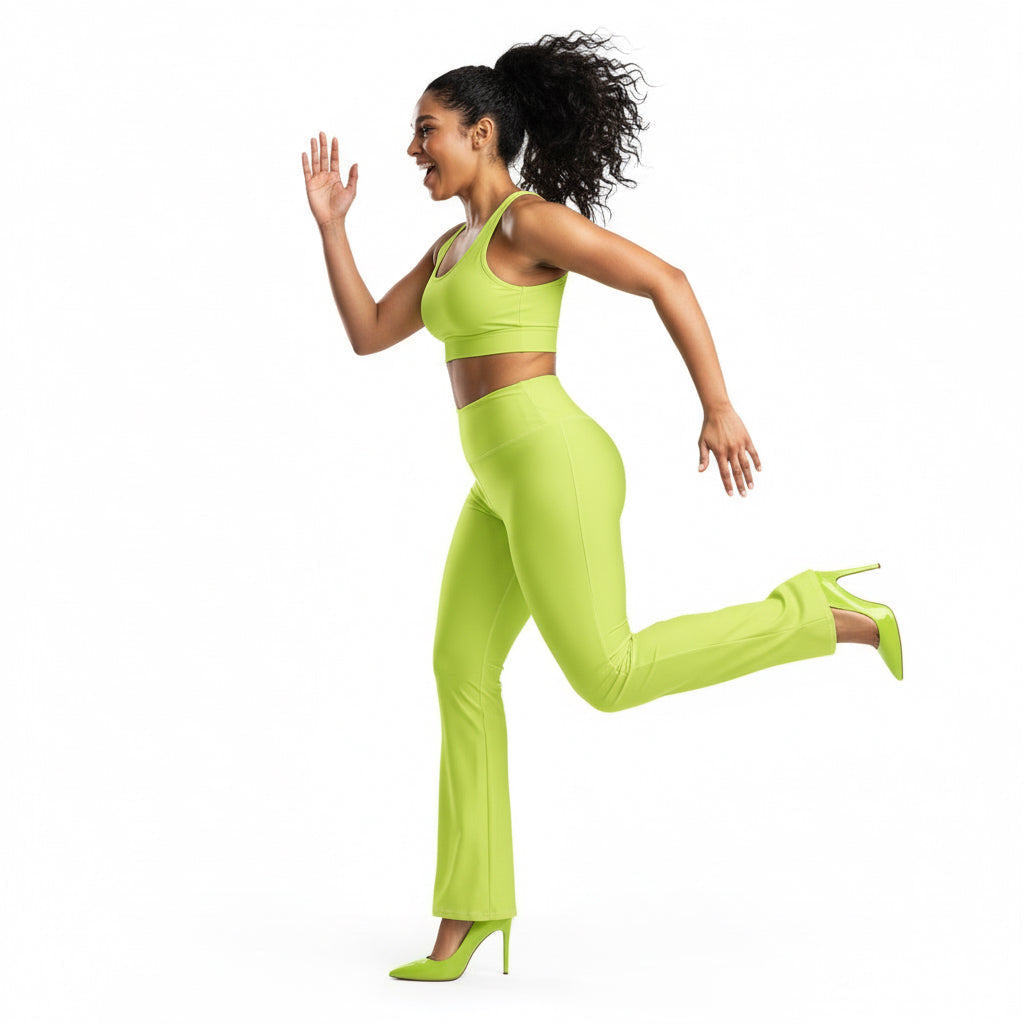 Woman in a bright green outfit running on a white background