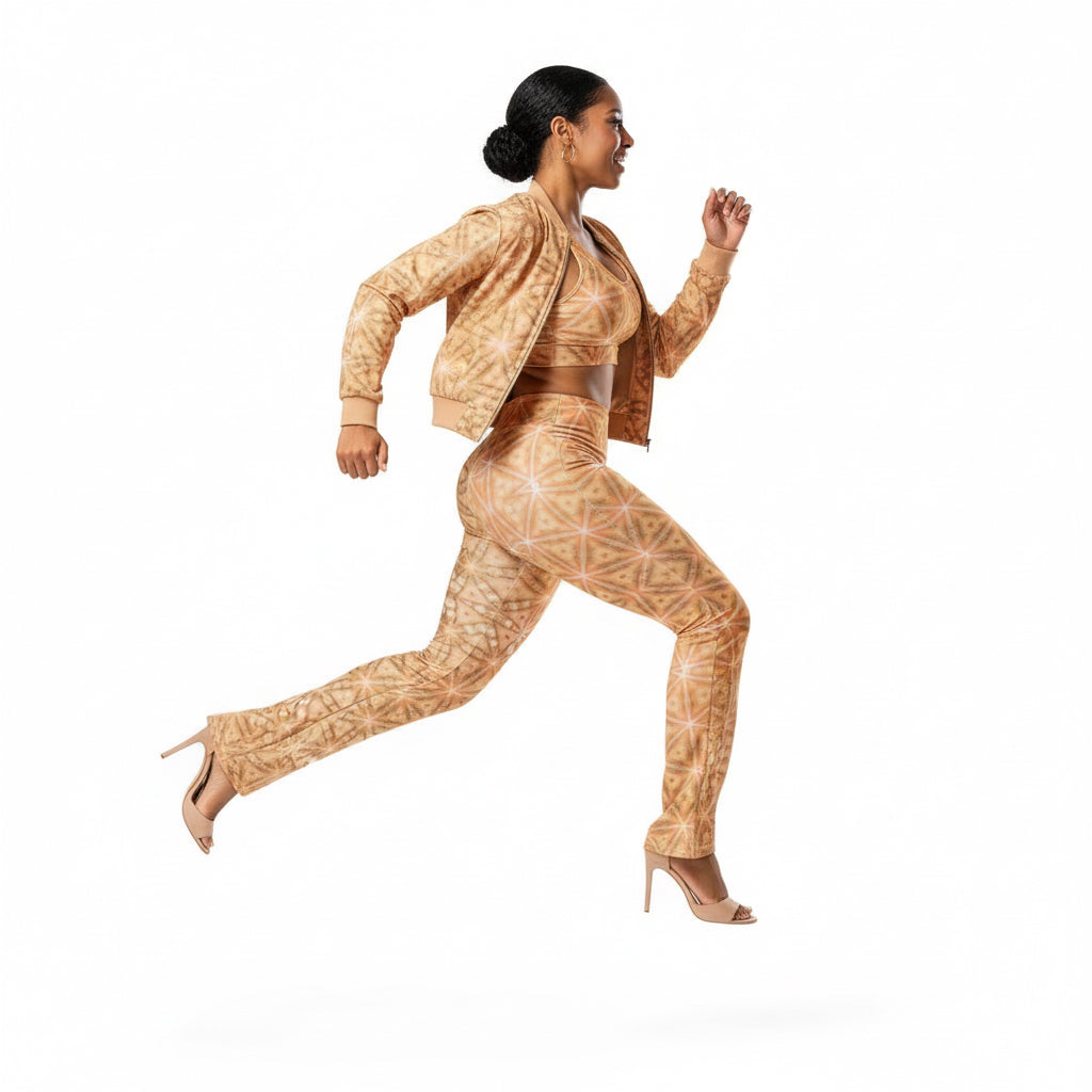 Woman in a patterned outfit running on a white background