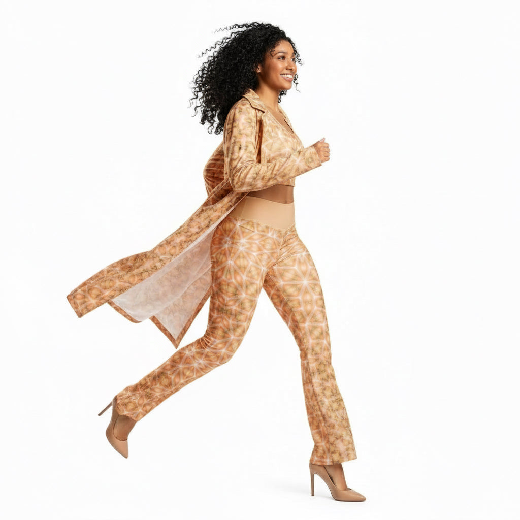 Woman in a patterned outfit running on a white background