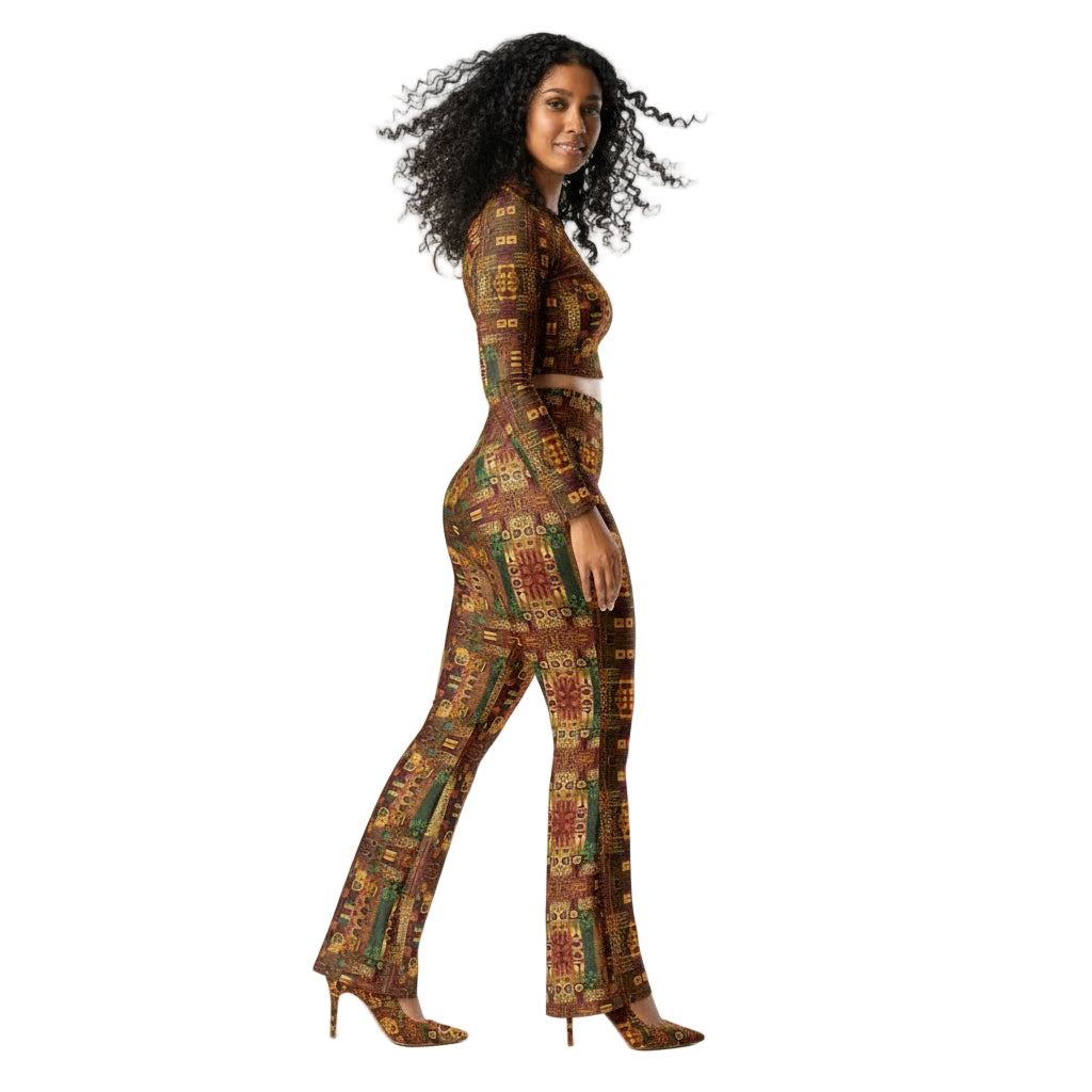Woman wearing patterned pants and a white top on a white background