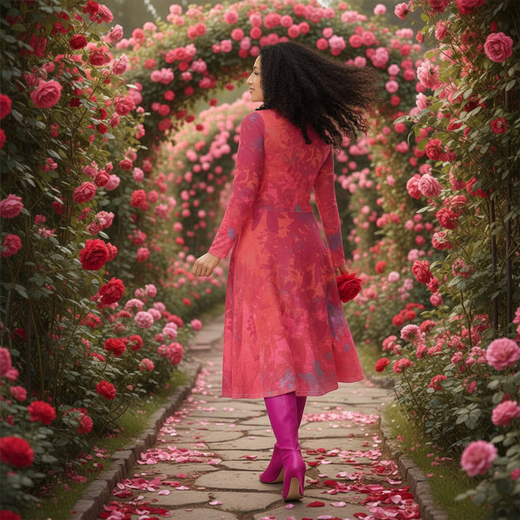 Woman wearing a red floral viva magenta print dress with knee high boots 