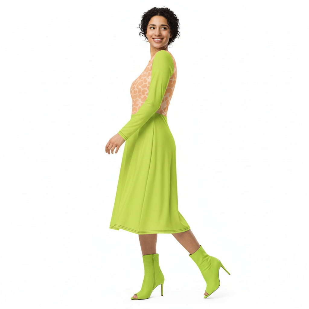 Woman wearing a bright green dress with a patterned back on a white background