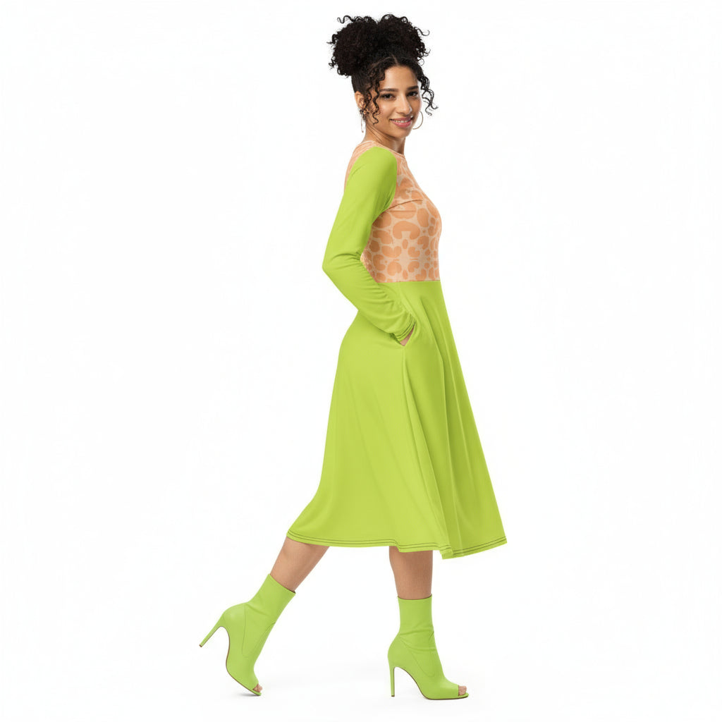Woman wearing a bright green dress with matching shoes on a white background