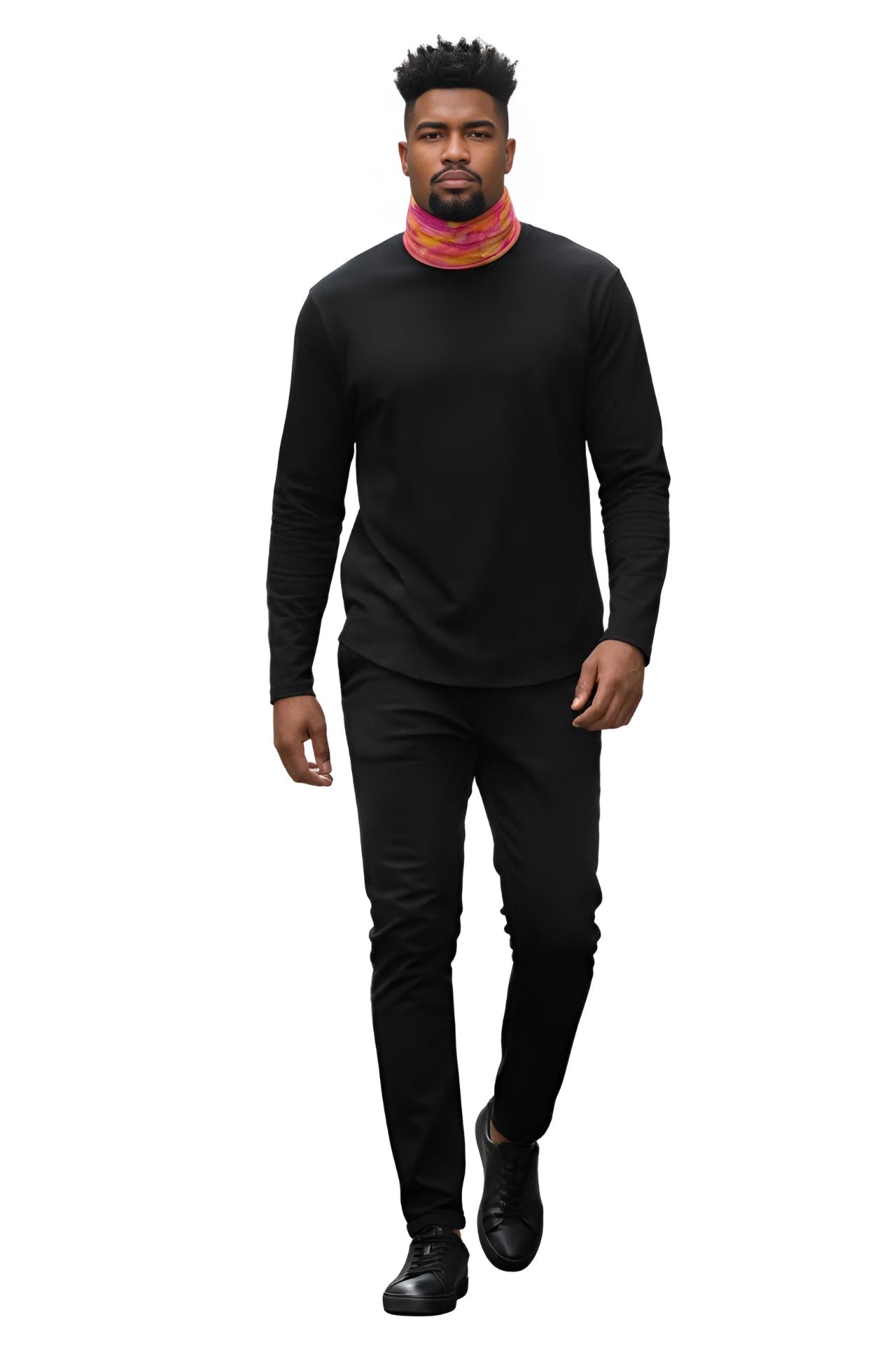 Man wearing a colorful neck gaiter against a white background