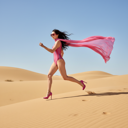 Woman wearing a pink and blue striped swimsuit running in the desert 