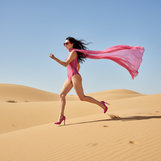 Woman wearing a pink and blue striped swimsuit running in the desert 