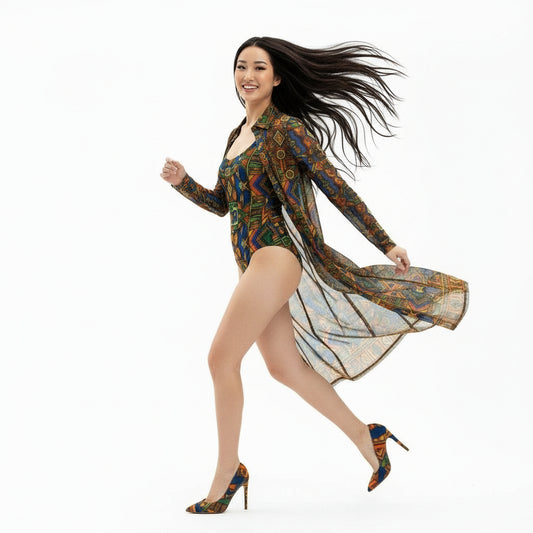 Woman wearing a colorful patterned swimsuit on a white background