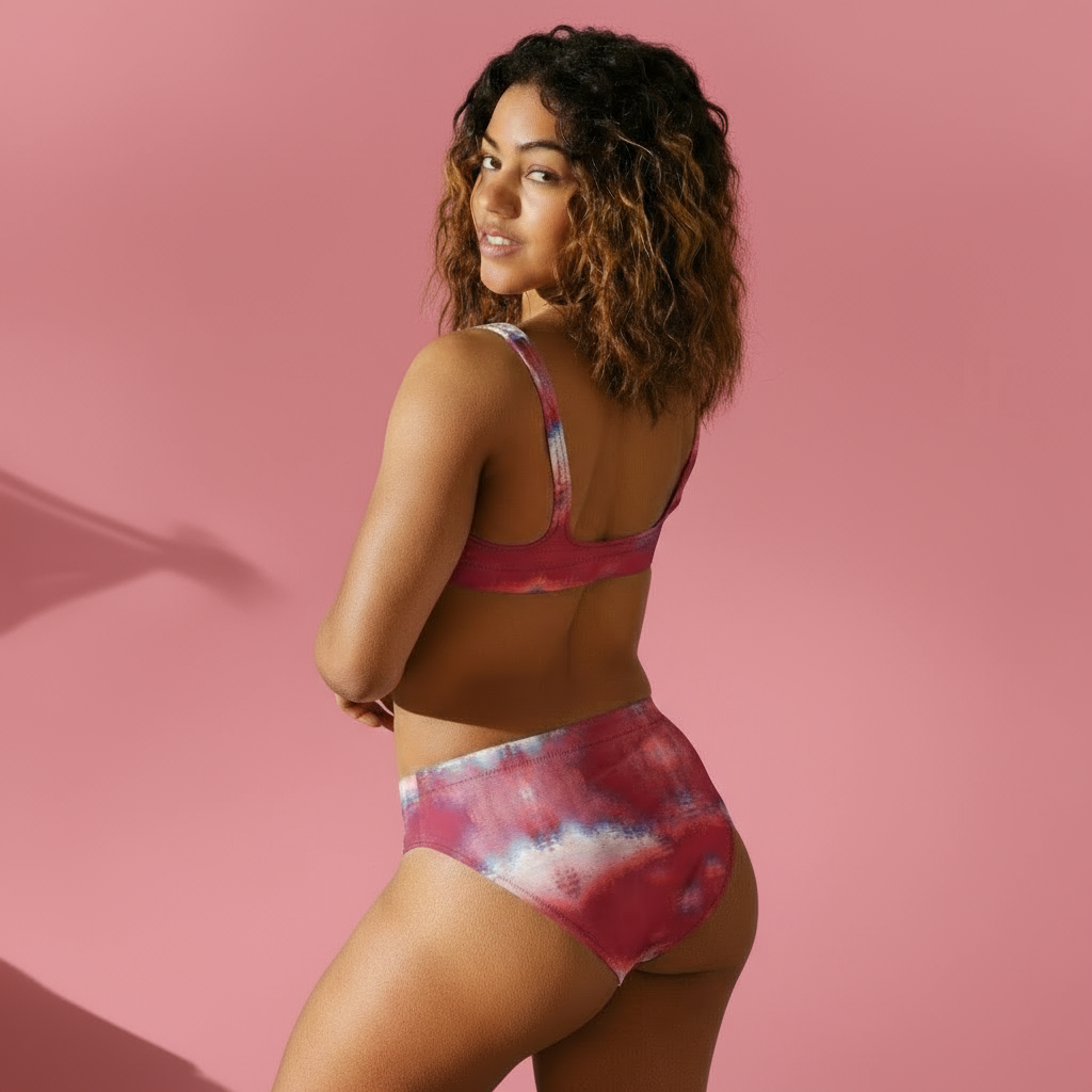 Woman wearing a pink tie-dye bikini set against a neutral background