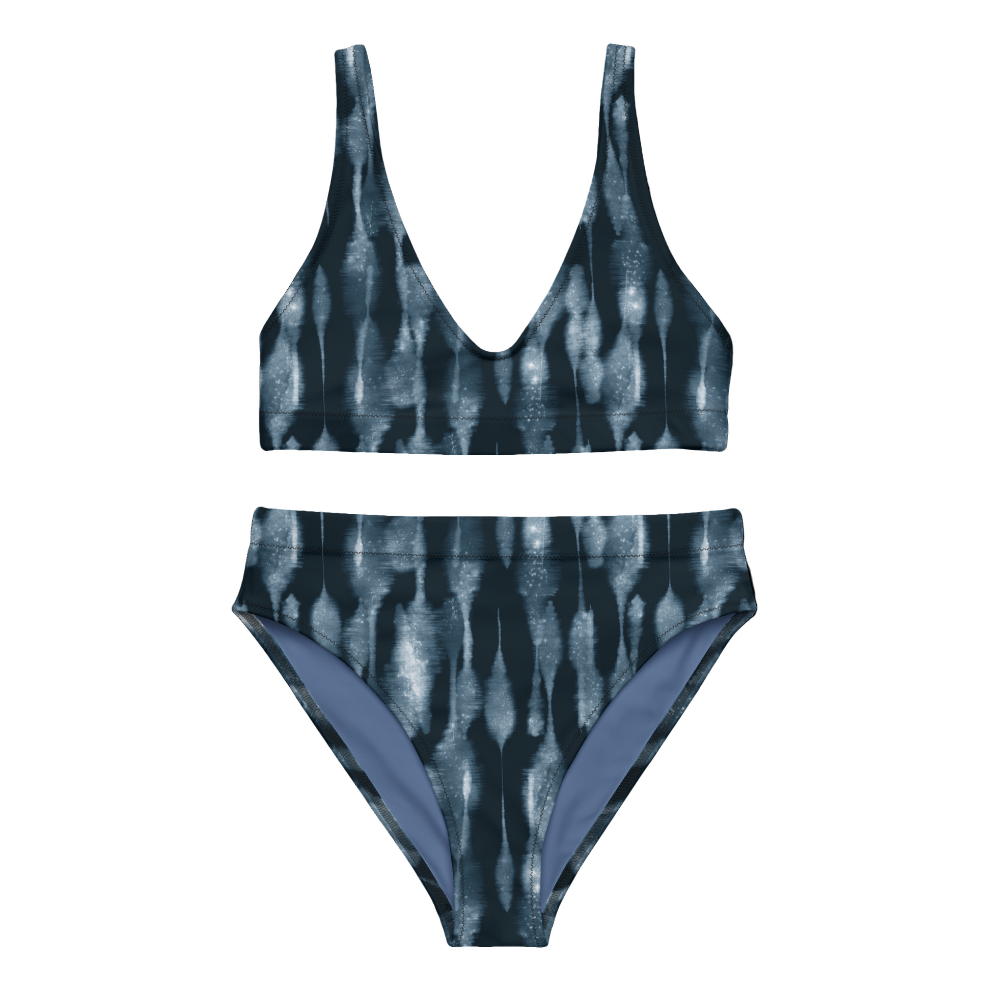 Two-piece swimsuit with a blue and white pattern on a white background