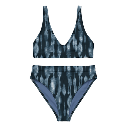 Two-piece swimsuit with a blue and white pattern on a white background
